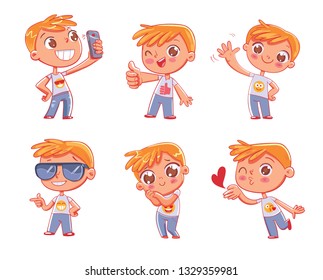 Cute little boy with different emotions. Emoji Stickers Emotions. Funny cartoon colorful character. Set. Isolated on white background. Vector illustration