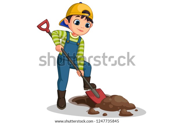 スコップのベクター漫画のイラストを使ったかわいい少年の穴掘り穴 のベクター画像素材 ロイヤリティフリー 1247735845