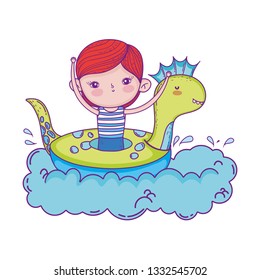 cute little boy in dinosaur float in clouds