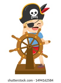 Cute little boy disguised in pirate costume holding wooden ship steering wheel