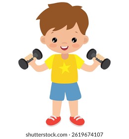 Cute little boy do workout with lift dumbbells weight vector cartoon illustration