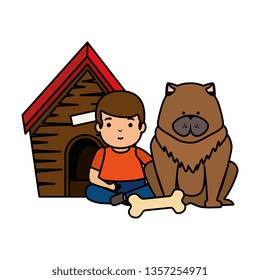 cute little boy with dog and wooden house