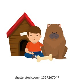 cute little boy with dog and wooden house