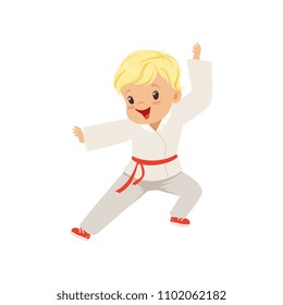 Cute little boy doing karate in kimono, kids physical activity concept vector Illustration on a white background