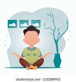 A cute little boy is doing yoga in the room. Healthy life concept. Vector illustration in cartoon style.