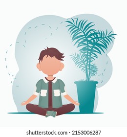 A cute little boy is doing yoga in the room. Sports and recreation concept. Vector illustration in cartoon style.