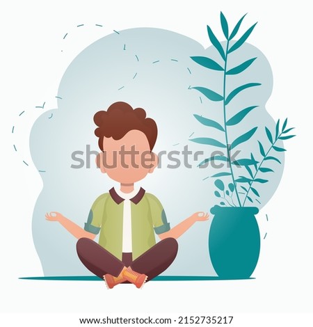A cute little boy is doing yoga in the room. Sports and recreation concept. Cartoon style. Vector illustration.