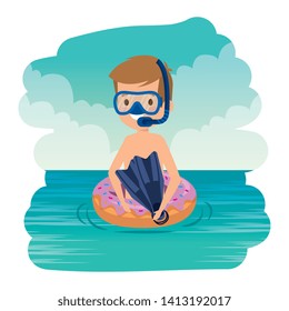 cute little boy with donut float and snorkel in the sea