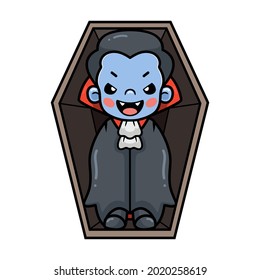 Caricatura de un niño pequeño con dracula dentro del ataúd