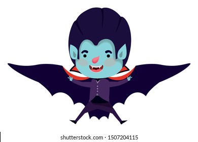 cute little boy with dracula costume and bats flying