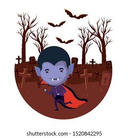 cute little boy with dracula costume in dark cemetery scene