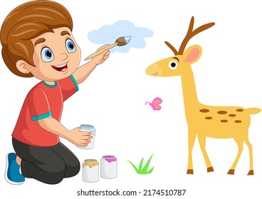 Un niño pequeño y lindo dibujando nube, ciervo, mariposa y hierba en la pared
