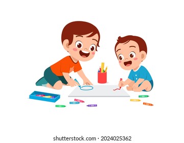 cute little boy drawing together with baby sibling