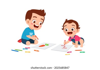 cute little boy drawing together with baby sibling