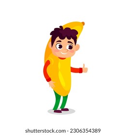 A cute little boy dressed in a banana costume isolated on white background. A child character dressed in a funny costume for a carnival, party, festival or show. Cartoon vector illustration.