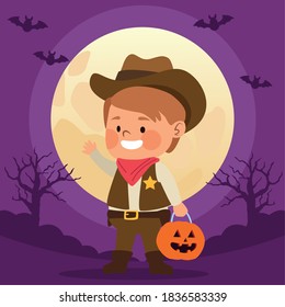 cute little boy dressed as a cowboy character and moon night vector illustration design