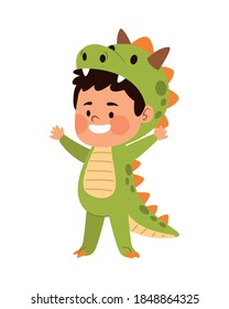 cute little boy dressed as a dinosaur character vector illustration design