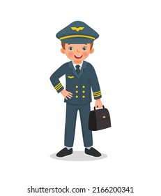 cute little boy dressed in pilot uniform holding bag. Job and occupation concept for educational purpose