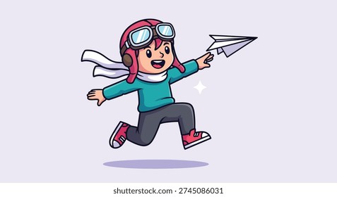 A cute little boy dressed as a pilot, wearing a helmet and goggles, happily runs while holding a paper airplane, ready to launch it into the sky.