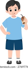 Cute Little Boy Drinking Chocolate Milk, Kids Favorite Sweet Beverage Cartoon Character