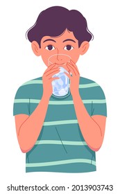 Cute Little Boy Drinking Water From Glass On White Background.