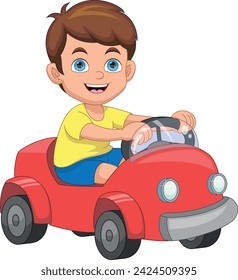 lindo niño pequeño conduciendo un coche de juguete de dibujos animados