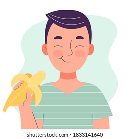 Cute Little Boy Eating Banana. Healthy Food Concept, Healthy Snack. Fruits, Vitamins. Flat Vector Isolated Illustration On White Background