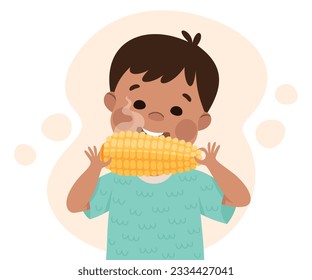 Cute little boy eating boiled corn. Happy kid eating vegetable cartoon vector illustration
