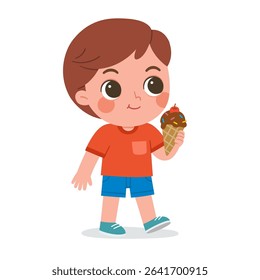 Cute little boy eating chocolate ice cream cone with cherry on top, enjoying sweet summer treat.