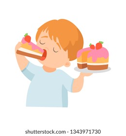 Cute Little Boy Eating Creamy Cake with Strawberry Vector Illustration