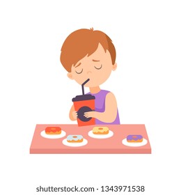 Cute Little Boy Eating Donuts and Drinking Soda Drink Vector Illustration