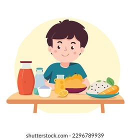 Cute little boy eating healthy food, milk, fruit, meat, vegetable cartoon flat character vector illustration