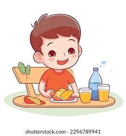 Cute little boy eating healthy food, milk, fruit, meat, vegetable cartoon flat character vector illustration