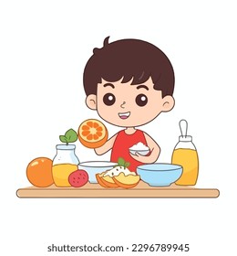 Cute little boy eating healthy food, milk, fruit, meat, vegetable cartoon flat character vector illustration