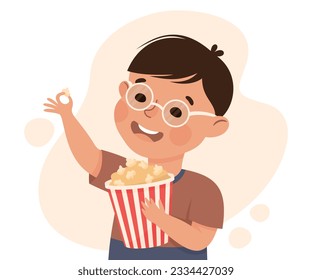 Cute little boy eating popcorn cartoon vector illustration