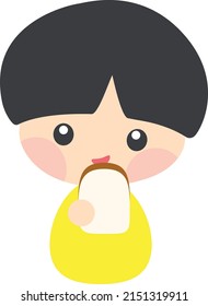 Cute little boy eating sandwich bread by using his hand. Kid eating by himself. Kid's Breakfast, Lunch, Dinner. Isolated cartoon character, vector, illustration, EPS10	