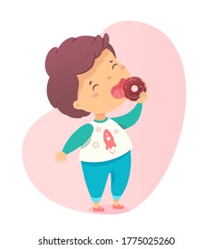 Cute little boy eating sweet donut with chocolate glaze sugar cream. Young hungry child enjoy yummy dessert. Preschooler kid and doughnut cake. Confectionery and pastry snack for children. Vector