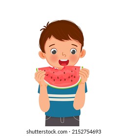 Cute little boy eating watermelon on sunny day in summertime