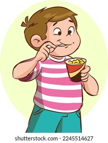 cute little boy eats a snack cartoon vector