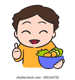 Cute little boy eats vegetable, isolate vector stock