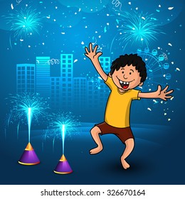 Cute little boy enjoying firecrackers on creative shiny blue urban city background for Indian Festival of Lights, Happy Diwali celebration.
