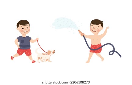 Cute little boy in everyday activities set. Smiling kid walking with dog and watering plants with hose cartoon vector illustration