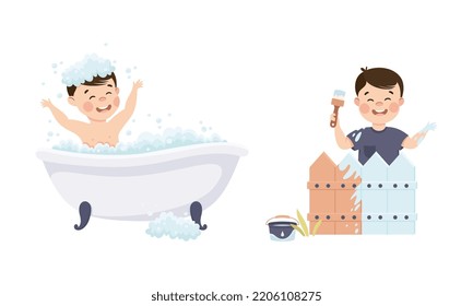 Cute little boy in everyday activities set. Smiling kid bathing in bathtub and coloring fence with brush cartoon vector illustration