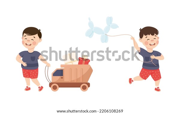 Cute little boy in everyday activities set.\
Smiling kid pulling toy truck and playing with dog balloon cartoon\
vector illustration