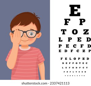 Cute little boy with eyeglasses cover his eye having vision test reading block letters at ophthalmologist office