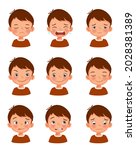 Cute little boy facial expressions set. Vector of kid faces illustration with different emotions such as sad, crying, tired, excited, playful, in love, cheerful, silly face, embarrassed, and regret.