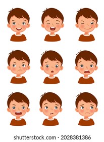 Cute little boy facial expressions set. Vector of kid faces illustration with different emotions such as happy, smiling, laughing, winking, sulking, surprised, shocked, angry, confused, worried. 