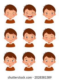 Cute little boy facial expressions set. Vector of kid faces illustration with different emotions such as sad, crying, tired, excited, playful, in love, cheerful, silly face, embarrassed, and regret.