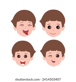 Cute little boy facial expressions. Vector of kid faces illustration with different emotions such as happy, smiling, laughing, winking, angry, confused, worried.