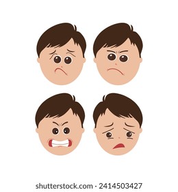 Cute little boy facial expressions. Vector of kid faces illustration with different emotions such as happy, smiling, laughing, winking, angry, confused, worried.